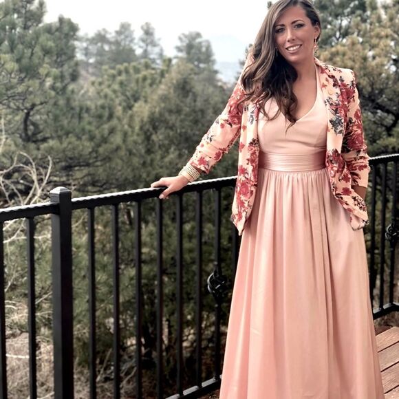 BoomBoom Floral Blazer Pink Red Navy Ruched 3/4 Sleeve Open Front Size Small - Picture 2 of 9